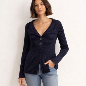 Merino Wool Ribbed Cardigan Navy Statement Button V Neck Fitted M